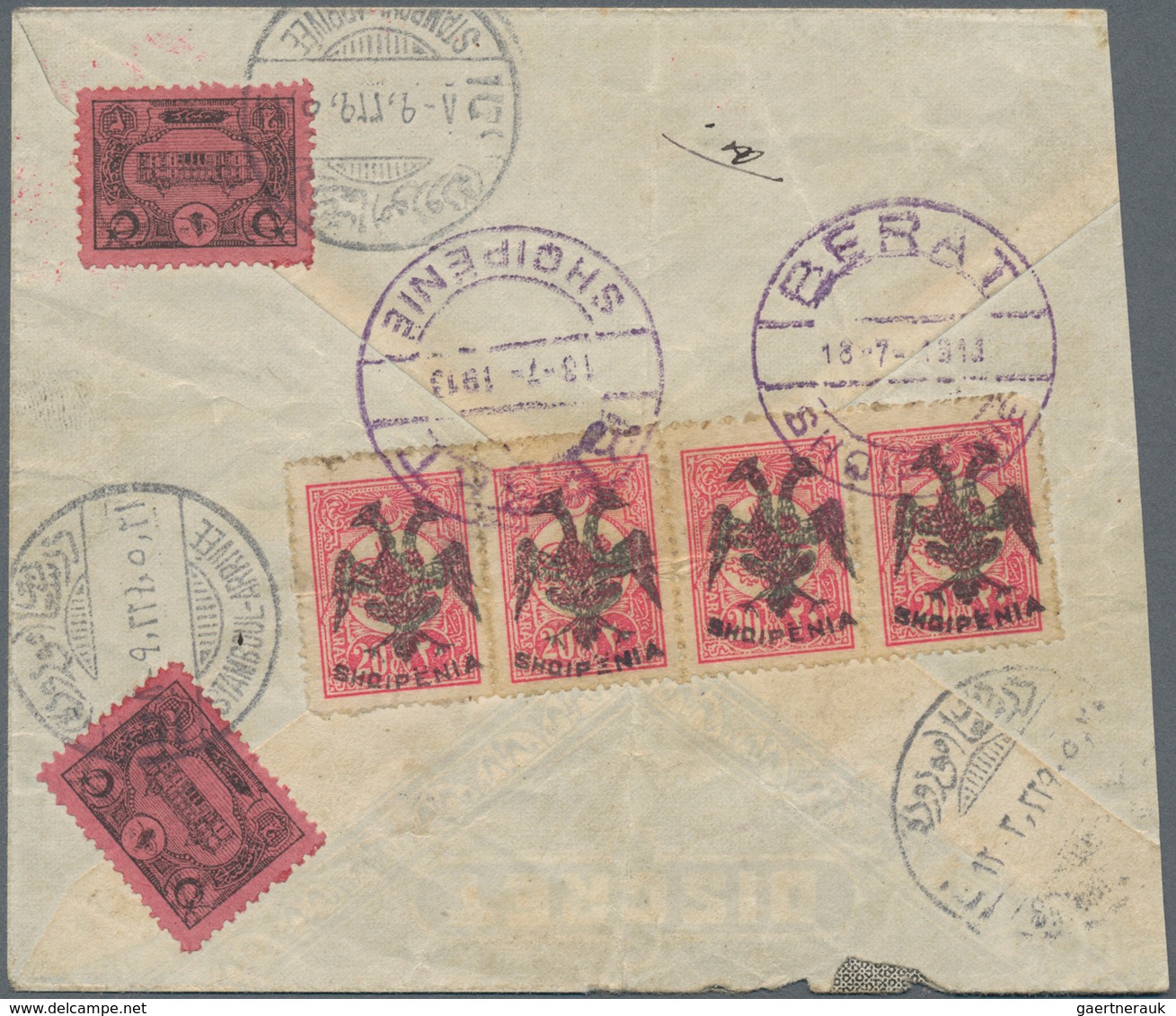 Albanien: 1913, 20 Pa Rose 'double Eagle', Horizontal Strip Of 4, Tied By Violet Cds BERAT/SHQIPENIE - Albanië