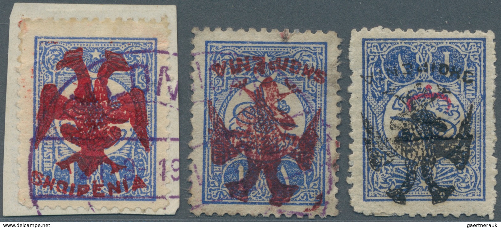 Albanien: 1913, Double Headed Eagle Overprints, 1pi. Blue, Two Used Copies With RED Overprint (sligh - Albanië