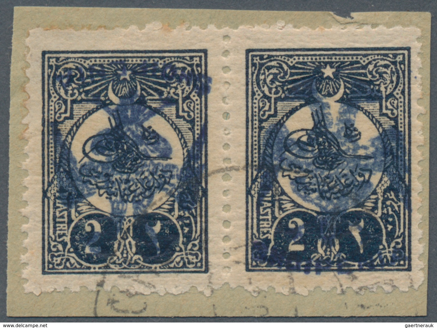 Albanien: 1913, 8 K Pair With Blue Overprint Cancelled On Piece, Signed Holcombe, (ca. 2.000.-) - Albanië