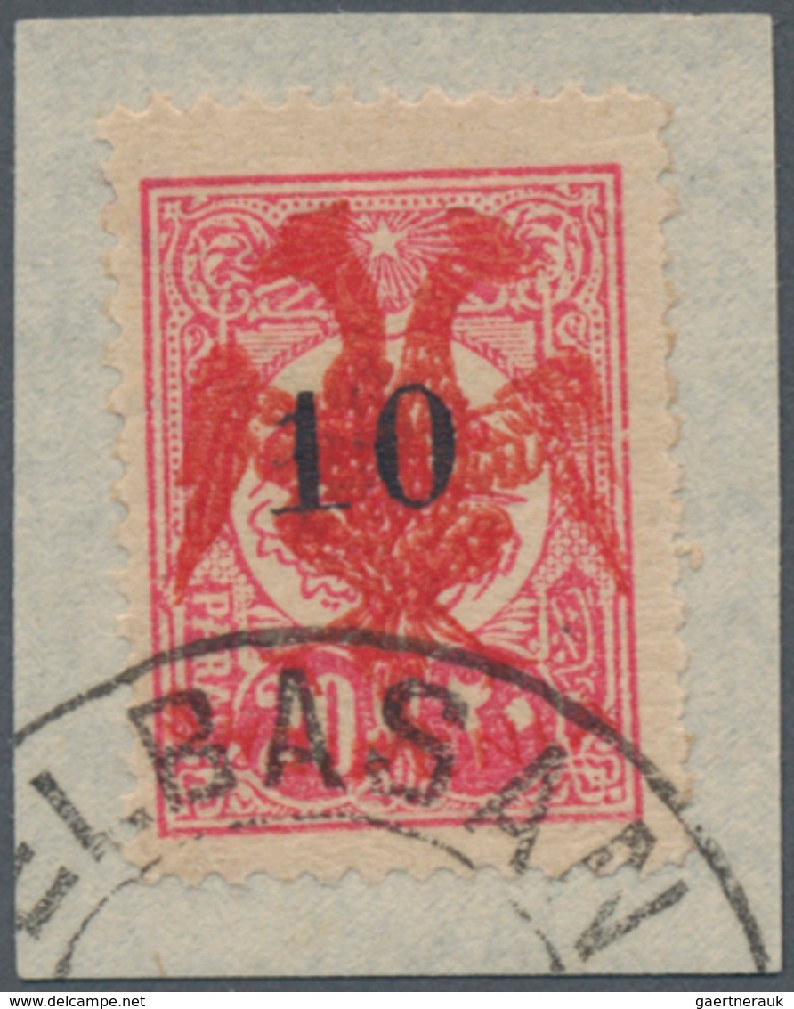 Albanien: 1913. 10pa On 20pa Pink With Red Double-headed Eagle Imprint. On Piece. Certificate Schell - Albania