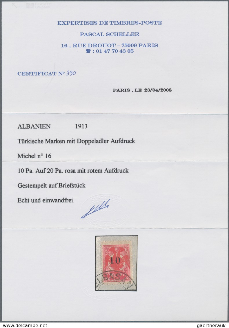 Albanien: 1913. 10pa On 20pa Pink With Red Double-headed Eagle Imprint. On Piece. Certificate Schell - Albanien