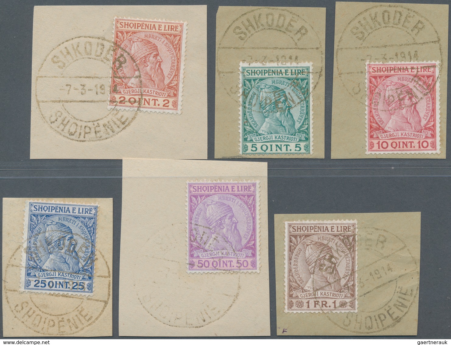 Albanien: 1913, 2 Q Red-brown/yellow To 1 Fr Dark-brown/brown On Pieces, All With Gold Cancel (1.000 - Albanien