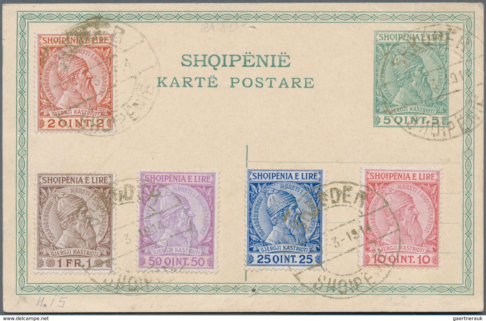 Albanien: 1913, 2 Q Red-brown/yellow And 10 Q To 1 Fr Dark-brown/brown On 5 Q Green Postal Stationer - Albanië