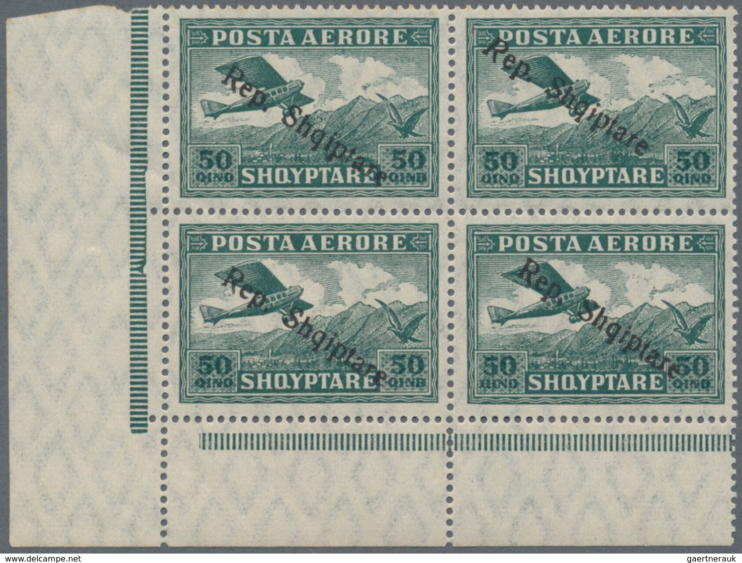 Albanien: 1927, 50 Q, 1 F And 2 F Airmail Stamps With Ovp "Rep.Shqiptare", 3 Lower Left Corner Block - Albania