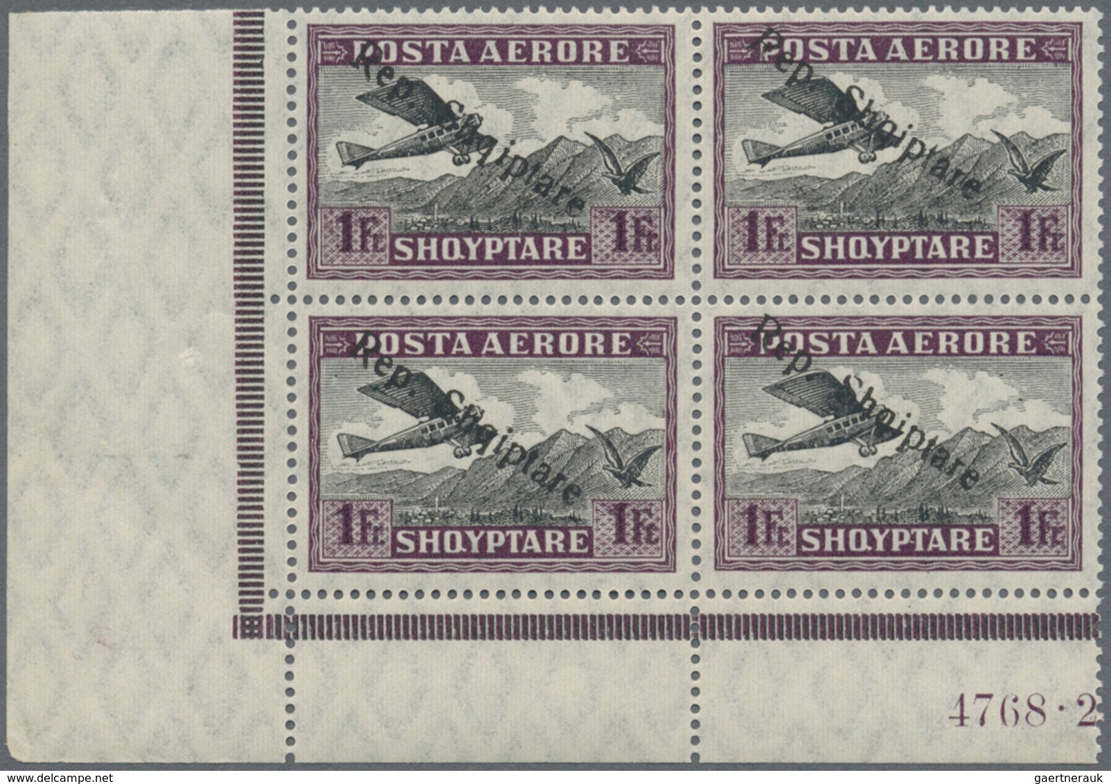 Albanien: 1927, 50 Q, 1 F And 2 F Airmail Stamps With Ovp "Rep.Shqiptare", 3 Lower Left Corner Block - Albanië