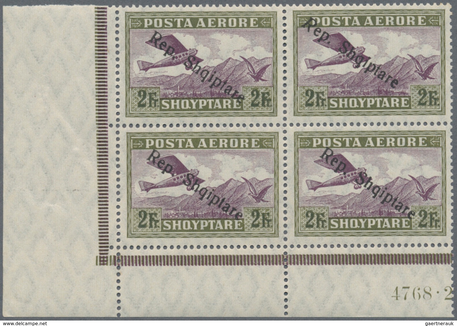 Albanien: 1927, 50 Q, 1 F And 2 F Airmail Stamps With Ovp "Rep.Shqiptare", 3 Lower Left Corner Block - Albania