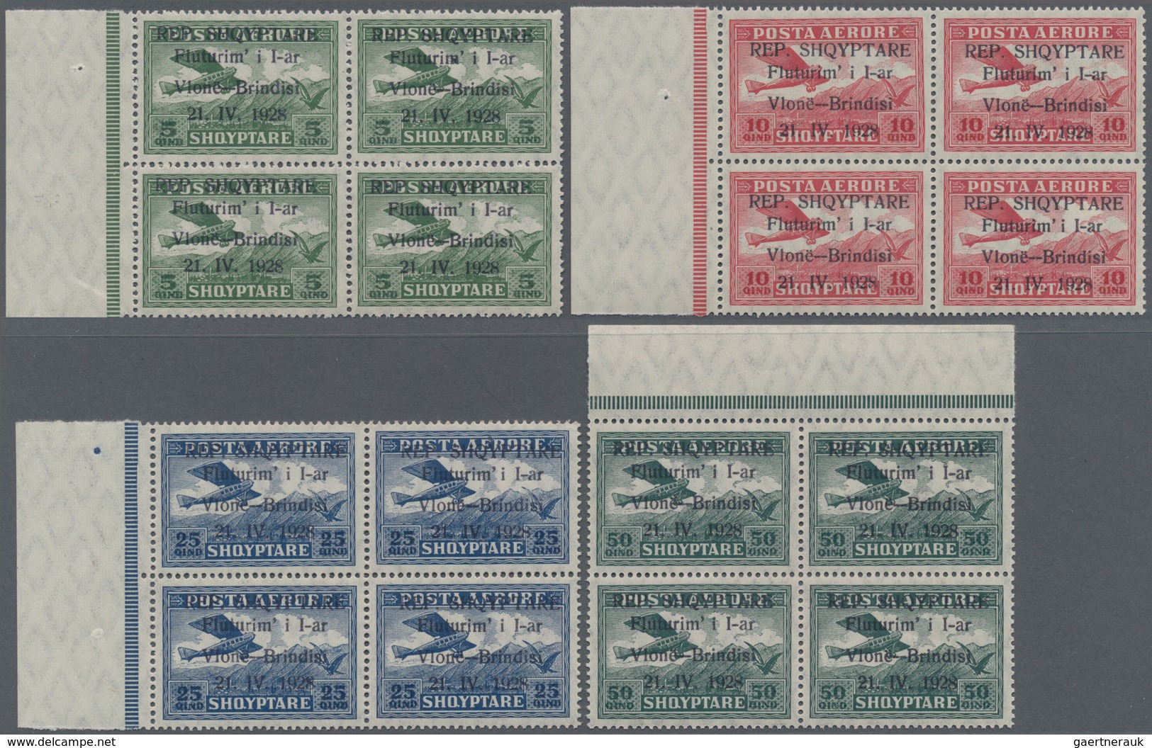 Albanien: 1928, Airmails, 5q.-3fr., Complete Set Of Seven Values In Marginal Blocks Of Four, Mint Ne - Albanien