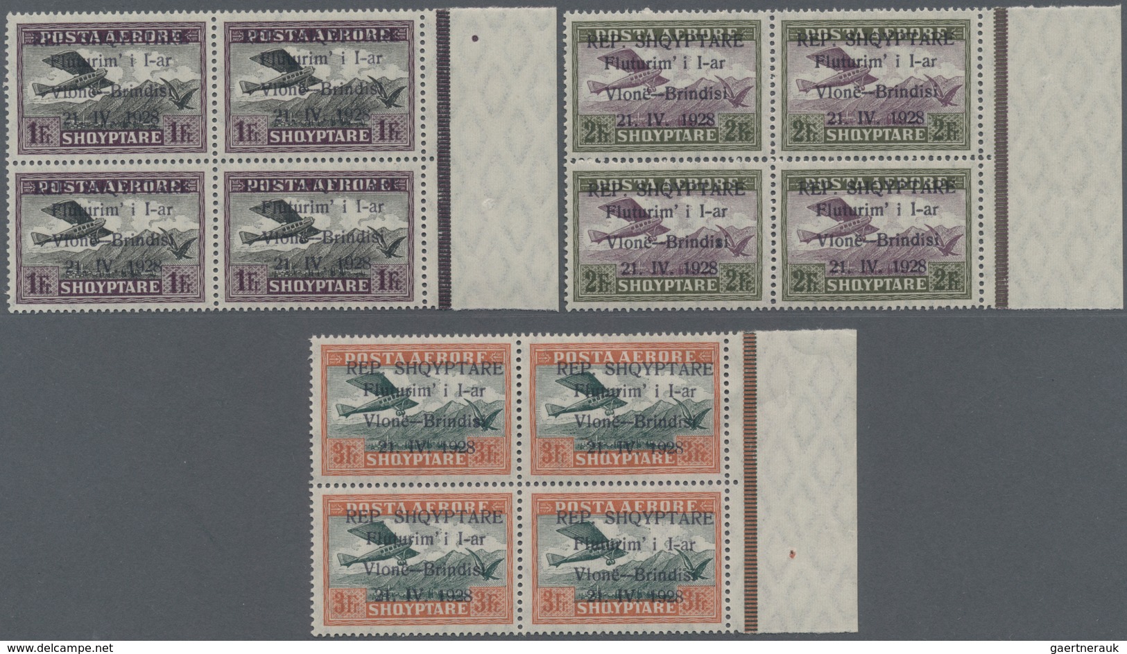 Albanien: 1928, Airmails, 5q.-3fr., Complete Set Of Seven Values In Marginal Blocks Of Four, Mint Ne - Albanië