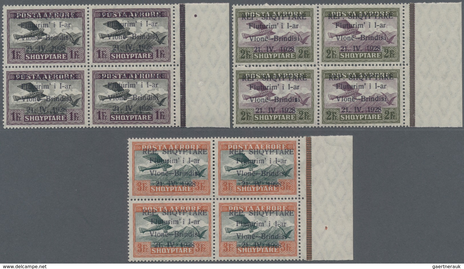 Albanien: 1928, Airmails, 5q.-3fr., Complete Set Of Seven Values In Marginal Blocks Of Four, Mint Ne - Albania