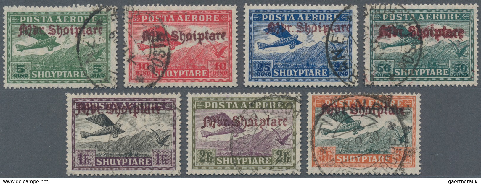 Albanien: 1929, Airmail Overprints, 5q.-3fr., Complete Set Of Seven Values, Fresh Colours And Well P - Albanië