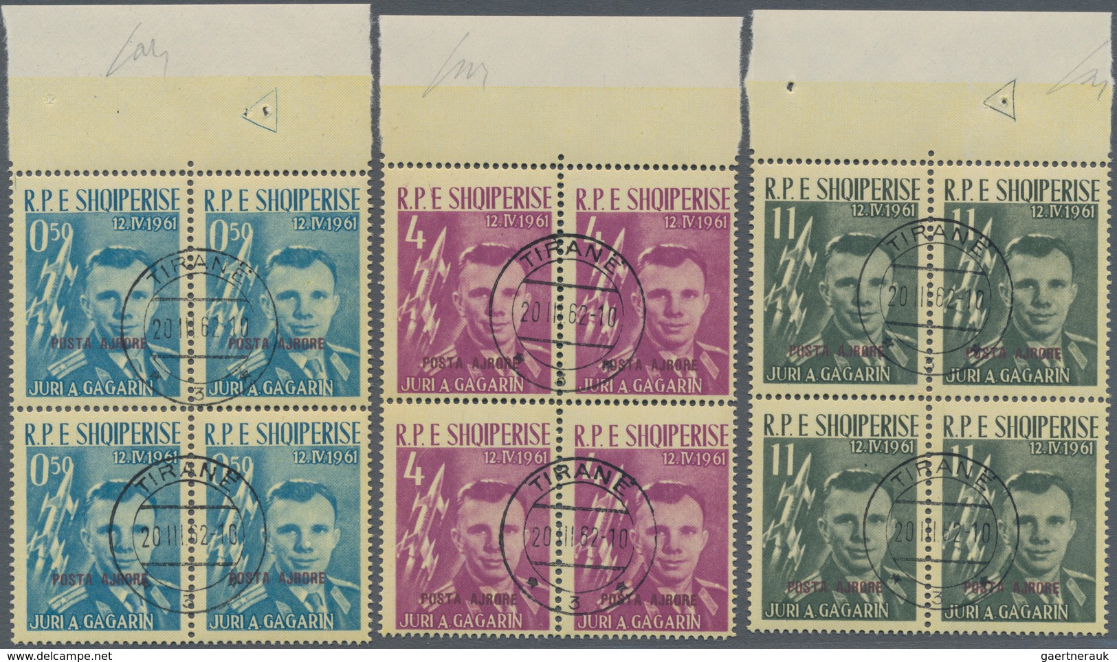 Albanien: 1962, Vostok 1 "Gagarin" With Purple Airmail Overprint, Complete Set In Top Marginal Block - Albania