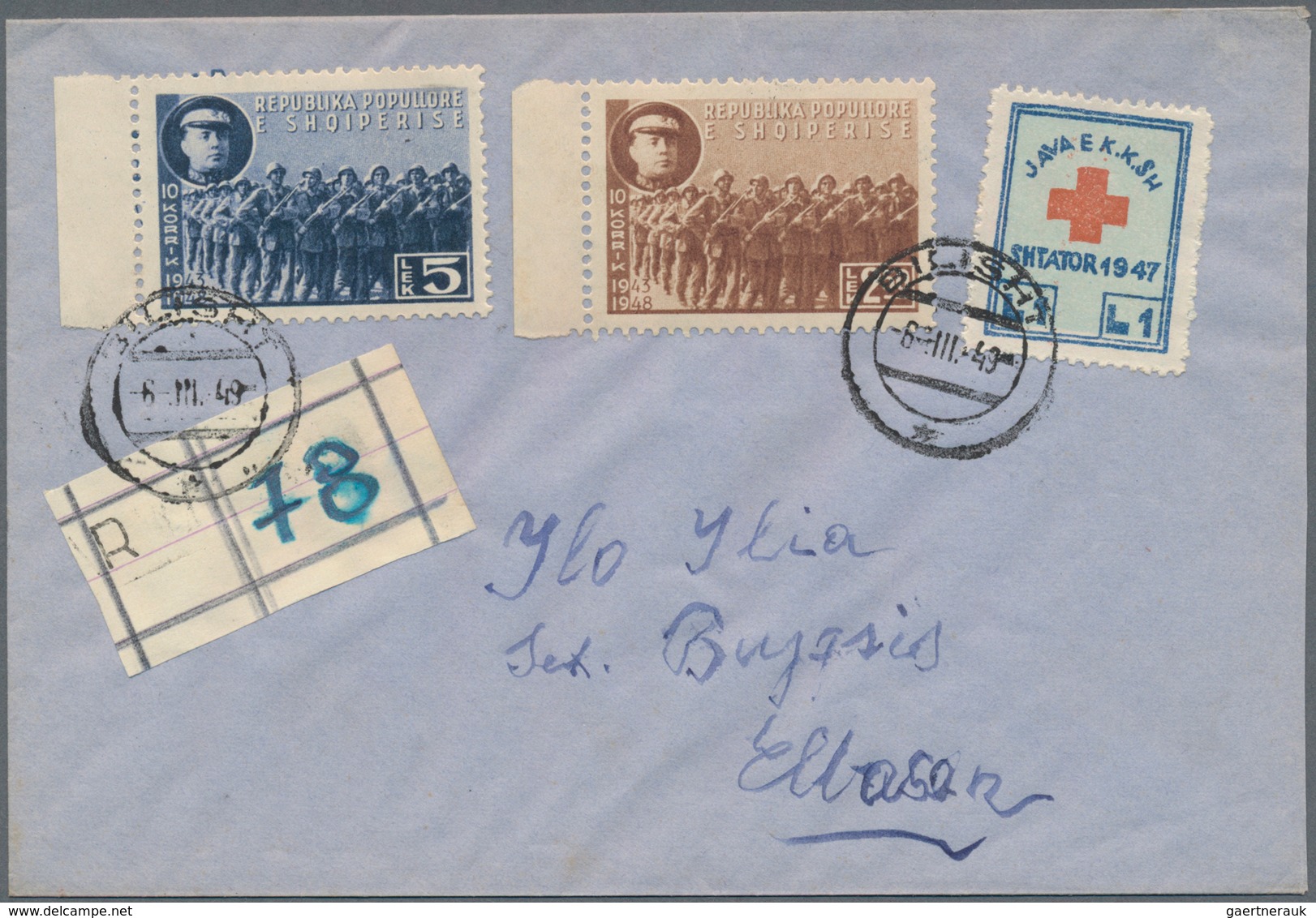 Albanien - Zwangszuschlagsmarken: 1949, Red Cross 1l. Blue/red/pale Green Used On Registered Cover W - Albanië