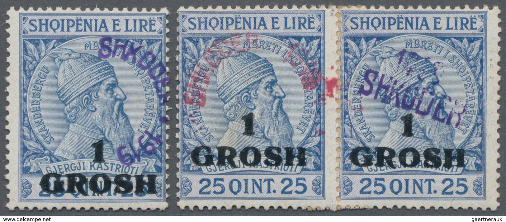 Albanien - Lokalausgaben: SHKODER: 1919, 1gr. On 25q. Blue, Single Stamp With VERTICAL Surcharge Plu - Albanien