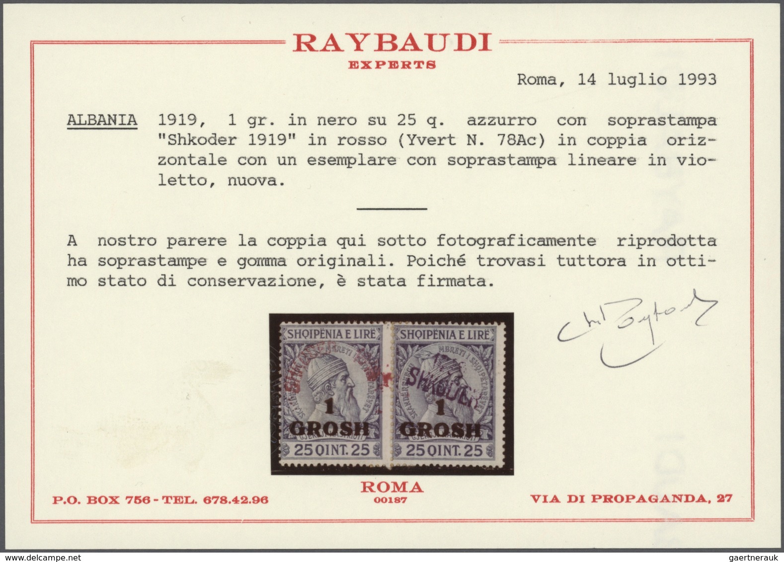 Albanien - Lokalausgaben: SHKODER: 1919, 1gr. On 25q. Blue, Single Stamp With VERTICAL Surcharge Plu - Albanien