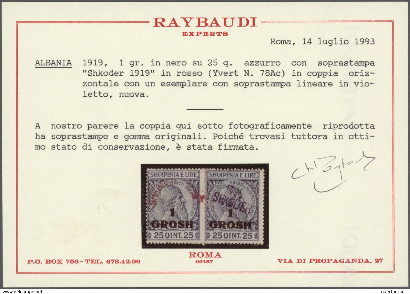 Albanien - Lokalausgaben: SHKODER: 1919, 1gr. On 25q. Blue, Single Stamp With VERTICAL Surcharge Plu - Albania
