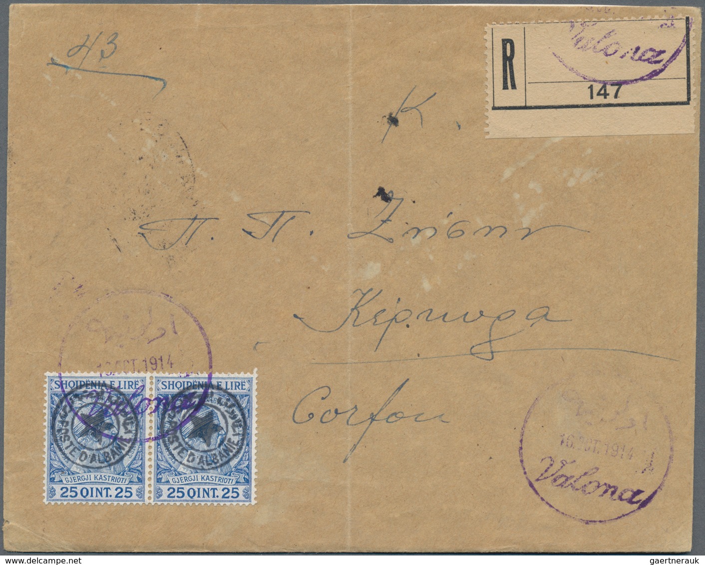 Albanien - Lokalausgaben: VLORE, 1914, 25 Q Blue/ultramarine 'star Overprint', Horizontal Pair, Tied - Albania