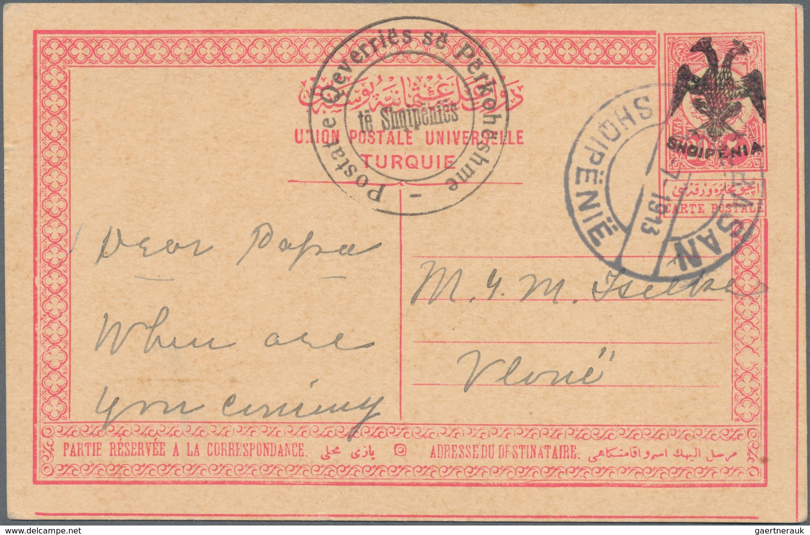 Albanien - Ganzsachen: 1913, 20 Pa Red On Buff Postal Stationery Card With Black Ovp SHQIPENIA And E - Albanië