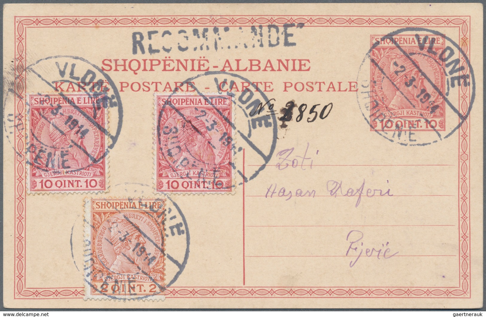 Albanien - Ganzsachen: 1913, 10 Q Red 'Skanderbeg' Postal Stationery Card, Uprated With 2 Q And 2 X - Albanië