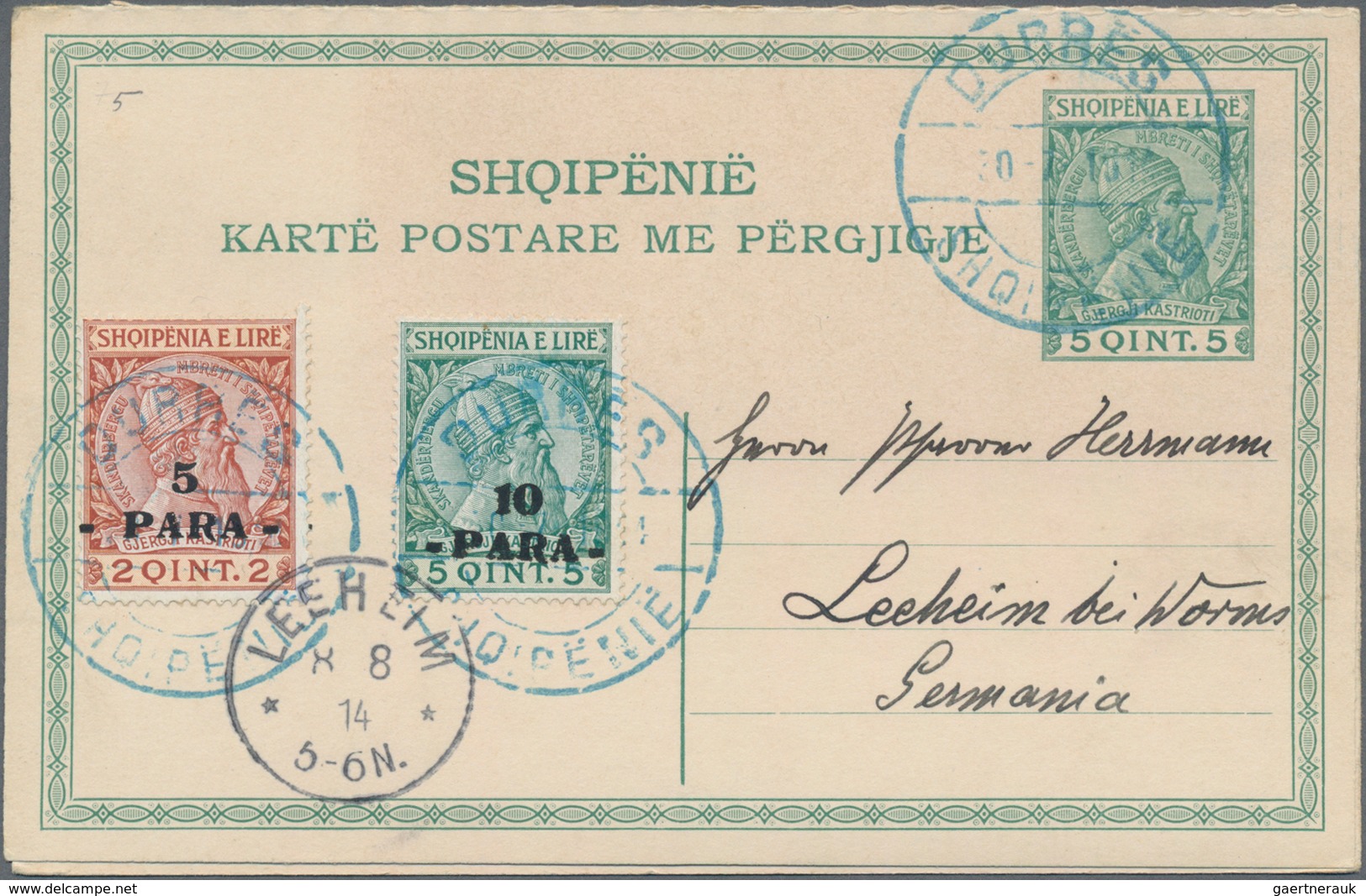 Albanien - Ganzsachen: 1913, 5 Q/5Q Green Postal Stationery Double Postcart With Additional Franking - Albanien