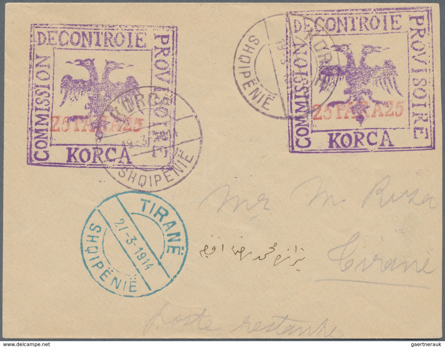 Albanien - Ganzsachen: KORCE, 1914, Stationery Envelope Bearing DOUBLE Imprint 25 Pa Red On Violet, - Albanie