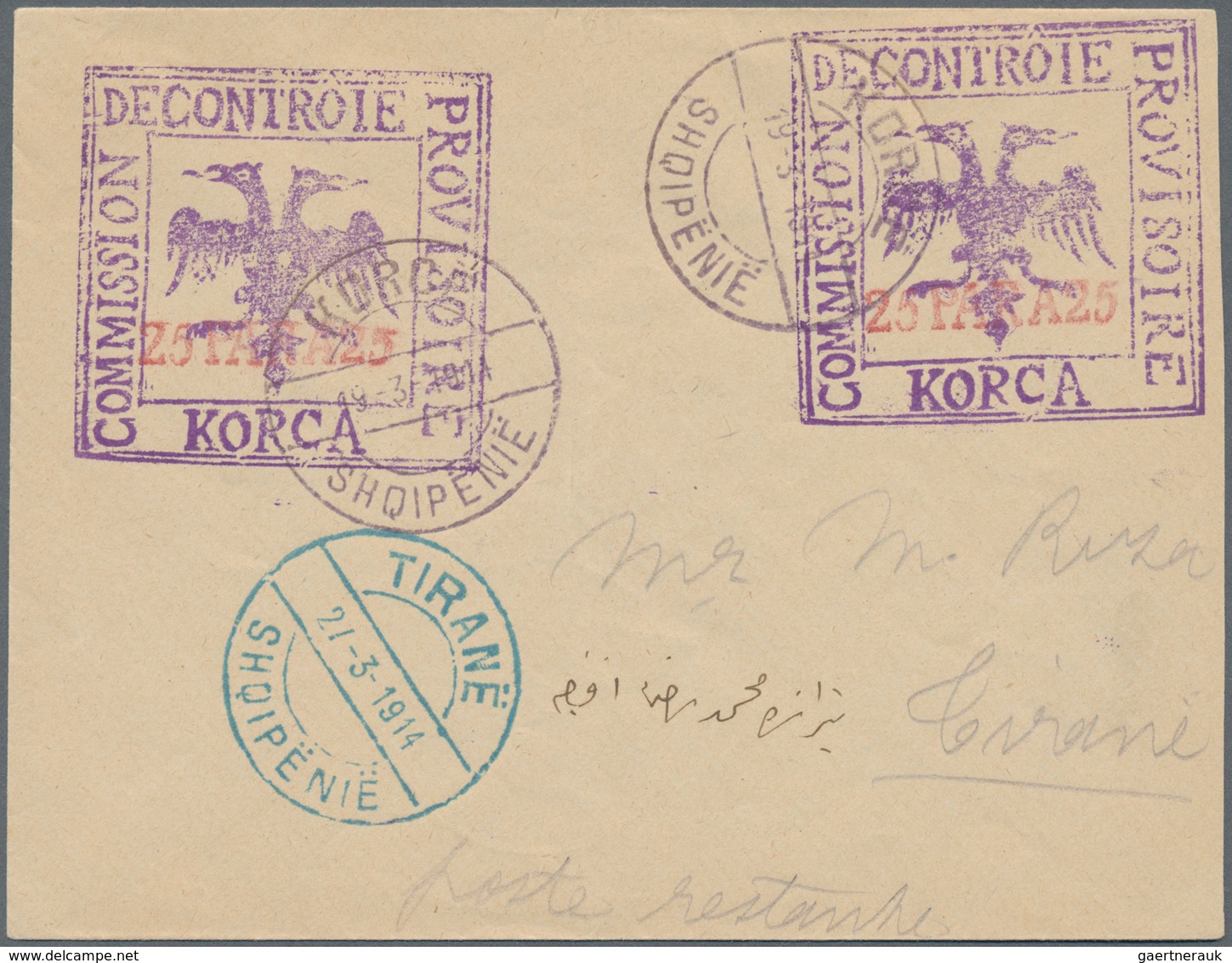 Albanien - Ganzsachen: KORCE, 1914, Stationery Envelope Bearing DOUBLE Imprint 25 Pa Red On Violet, - Albania