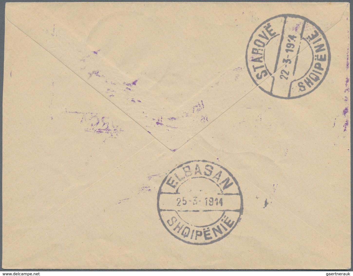Albanien - Ganzsachen: KORCE, 1914, Stationery Envelope Bearing DOUBLE Imprint 25 Pa Red On Violet, - Albanien