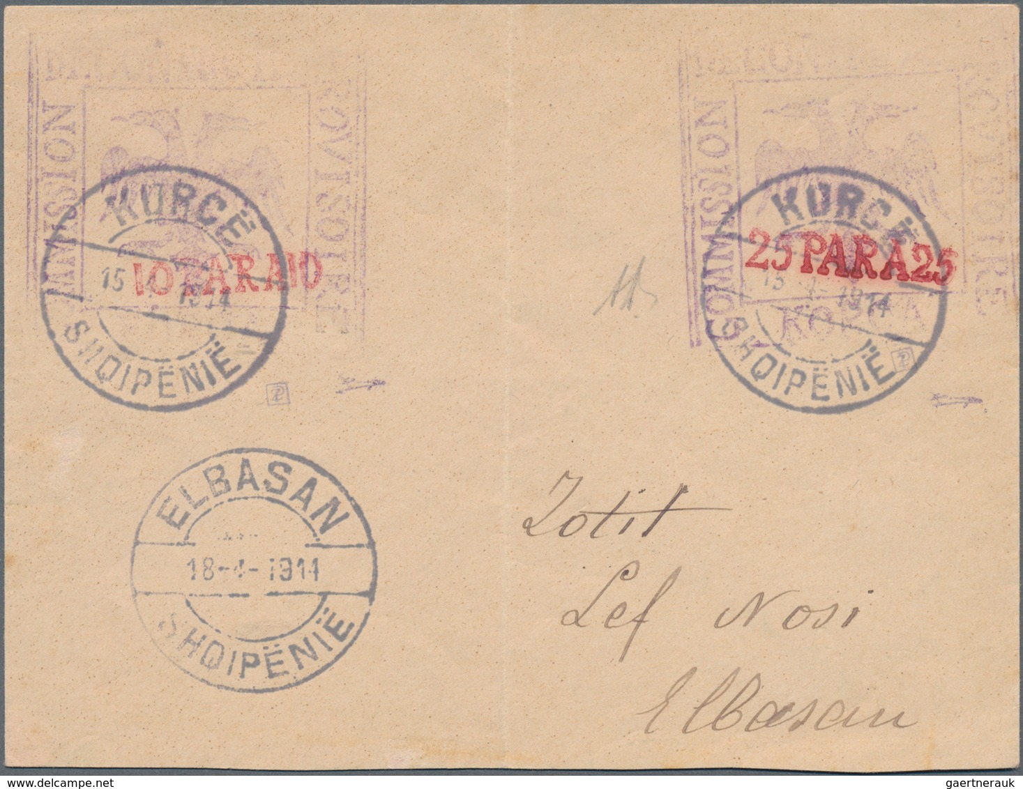 Albanien - Ganzsachen: KORCE, 1914, Stationery Envelope Bearing BOTH Imprints 10 Pa Red On Violet An - Albanien