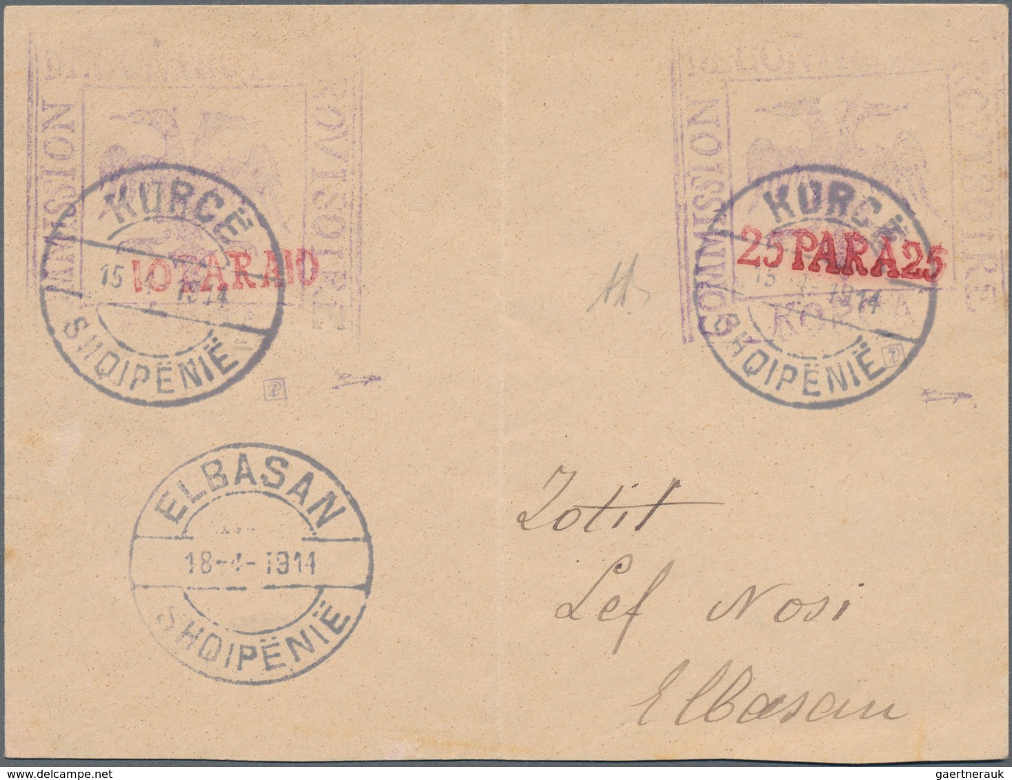 Albanien - Ganzsachen: KORCE, 1914, Stationery Envelope Bearing BOTH Imprints 10 Pa Red On Violet An - Albania