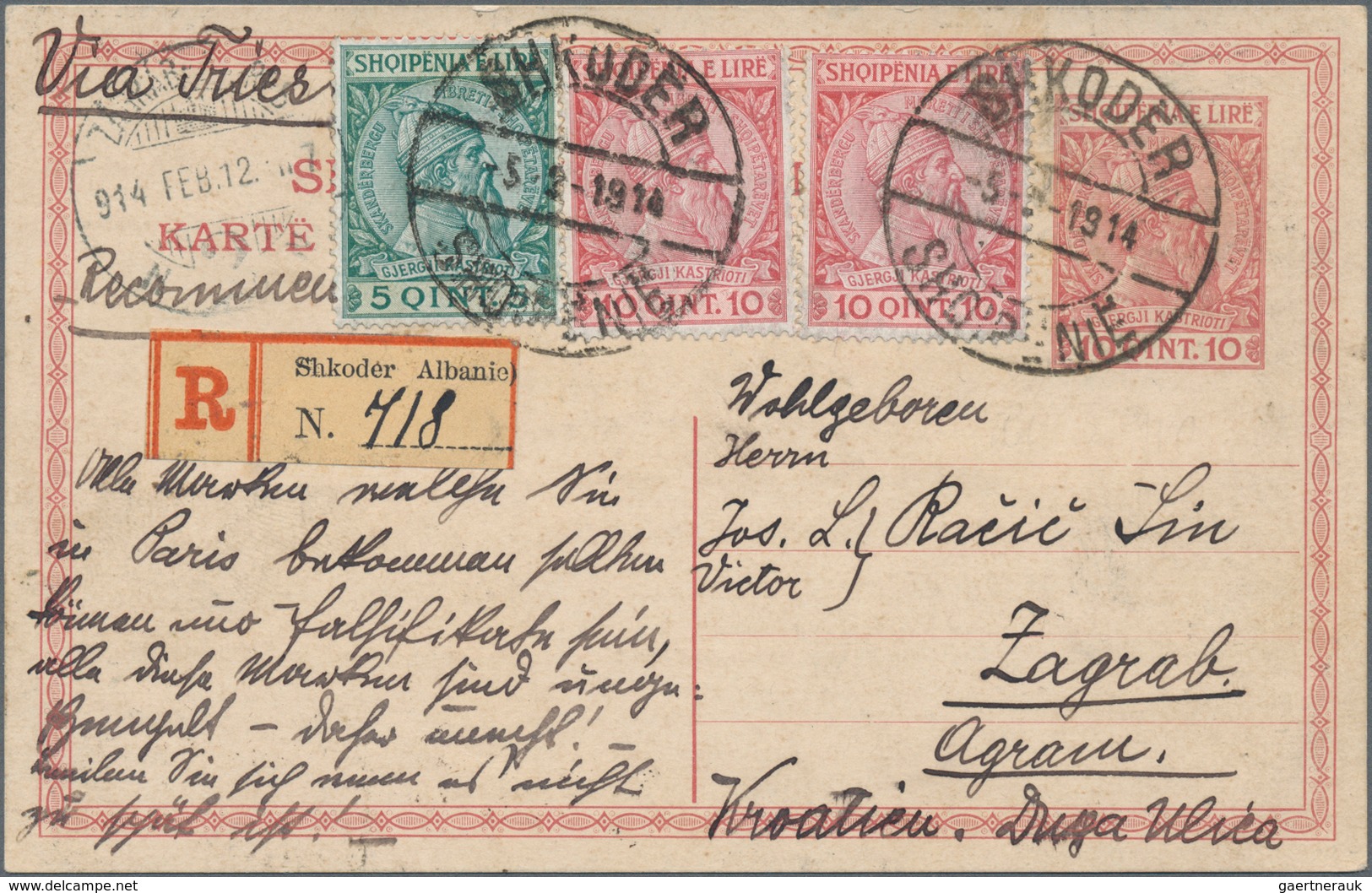 Albanien - Ganzsachen: 1914, Stationery Card Skanderberg 10q. Red Uprated By 5q. Green And Two Copie - Albanië