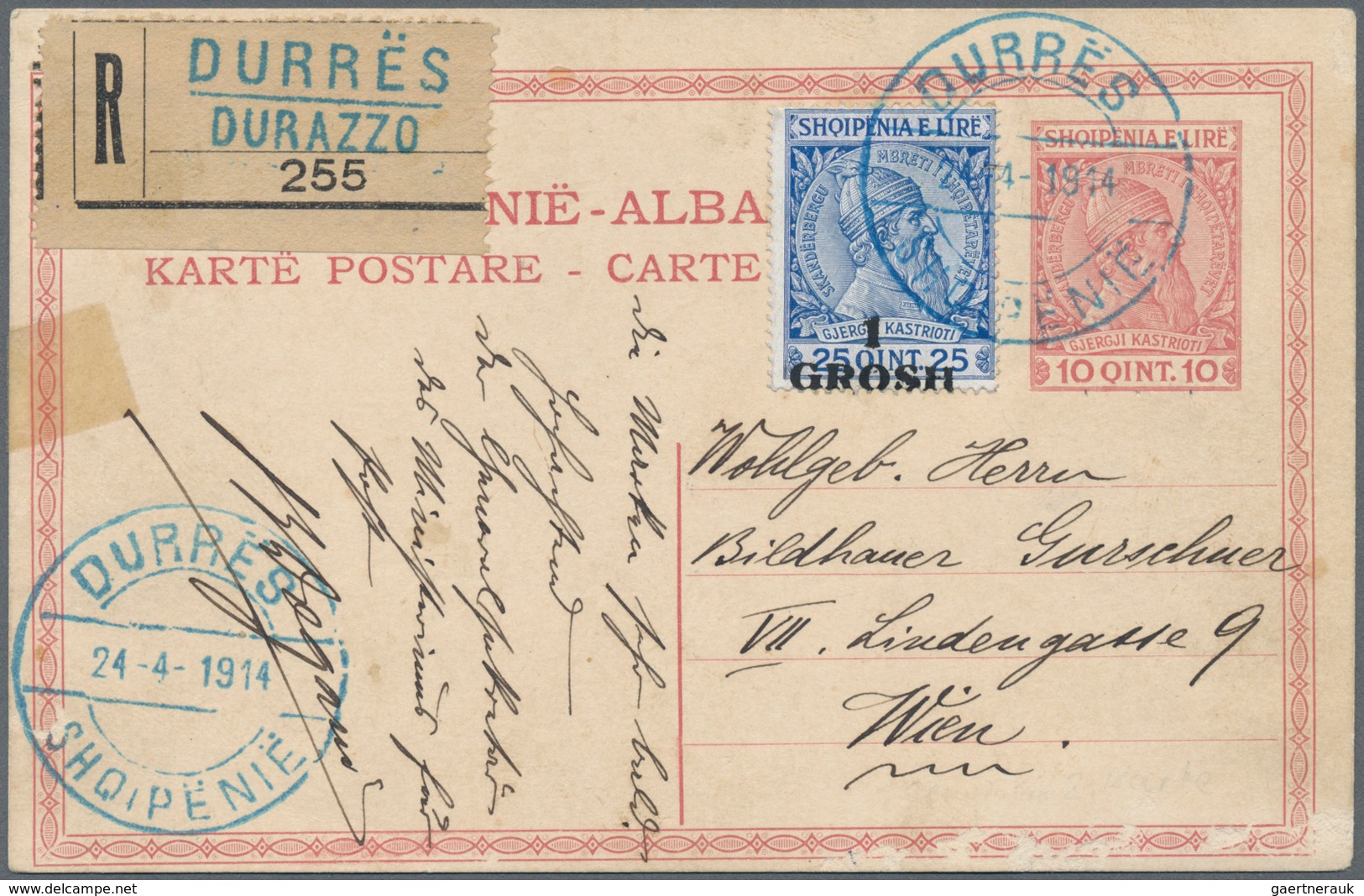 Albanien - Ganzsachen: 1914, 10 Q Red 'Skanderbeg' Postal Stationery Card Uprated With 1 Gr On 25 Q - Albania
