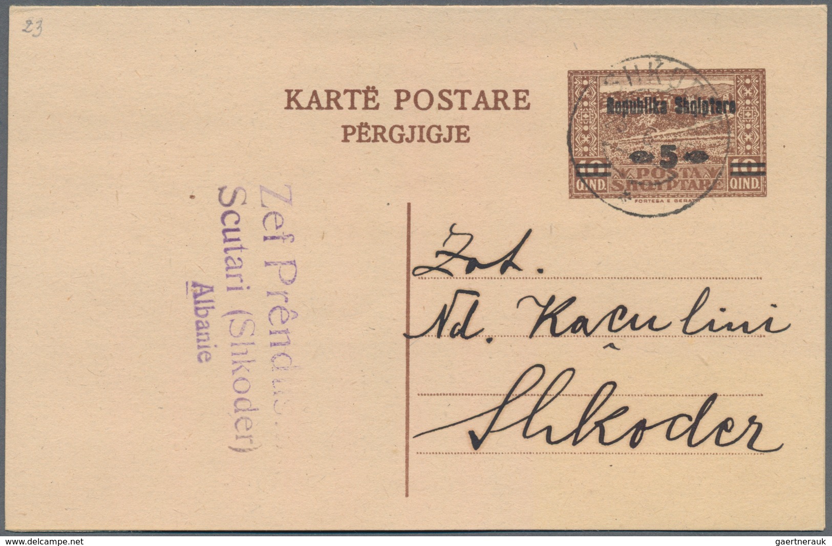 Albanien - Ganzsachen: 1925, 5 Q On 10 Q Brown Postal Stationery Double Postcard Used In Scutari (Sh - Albanie