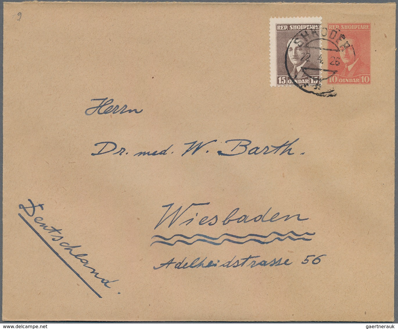 Albanien - Ganzsachen: 1926, 10 Q Brick-red Postal Stationery Cover With Additional Franking 15 Q Br - Albanien