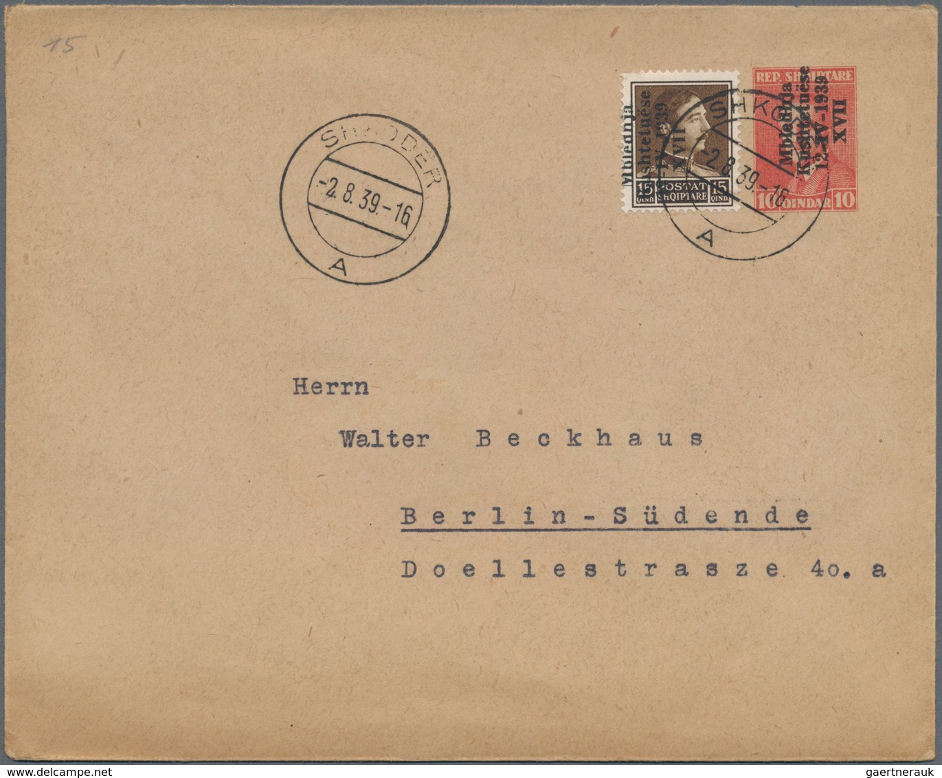 Albanien - Ganzsachen: 1939, 10 Q Brick-red Overprint Postal Stationery Cover With Additional Franki - Albanië