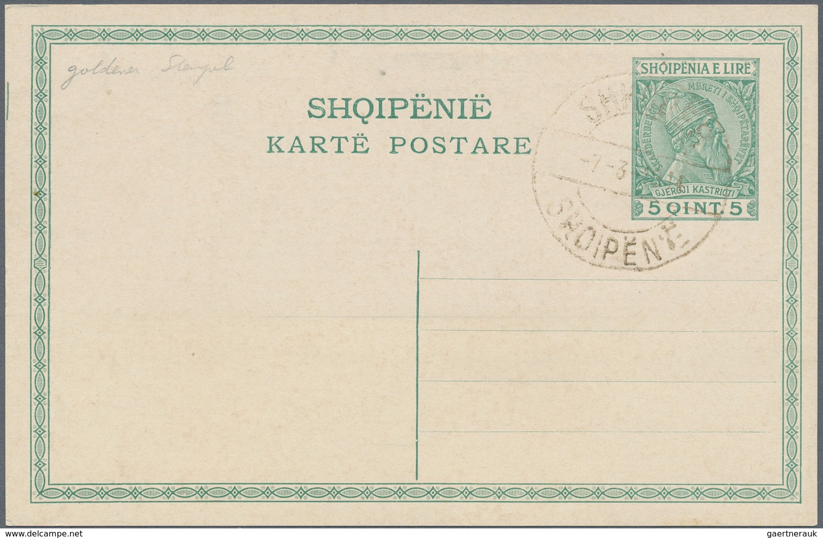Albanien - Stempel: 1918, 5 Quint Blank Stationery Card With Somewhat Weak Golden Cancellation SHKOD - Albanien