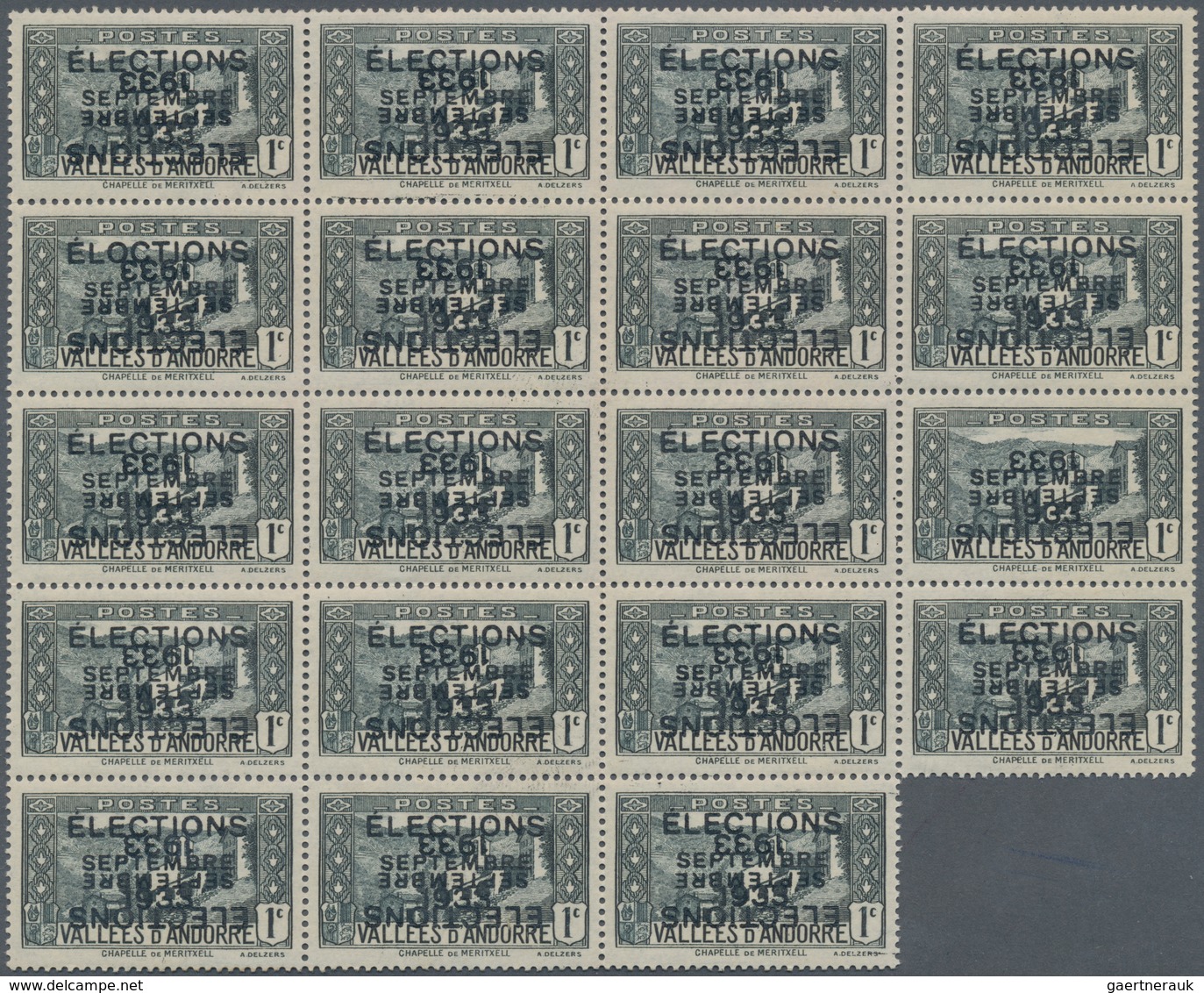 Andorra - Französische Post: 1933, "ELECTIONS" Overprints, Private Issue, 1c. Grey In Block Of 19 Sh - Sonstige & Ohne Zuordnung