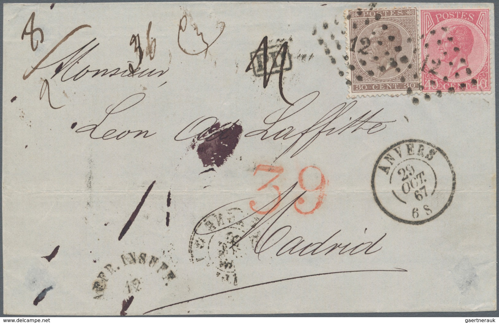 Belgien: 1867, 20 C Blue And 40 C Rose Also 30 C Brown And 40 C Rose Each On Two Letter-frontsides F - Sonstige & Ohne Zuordnung