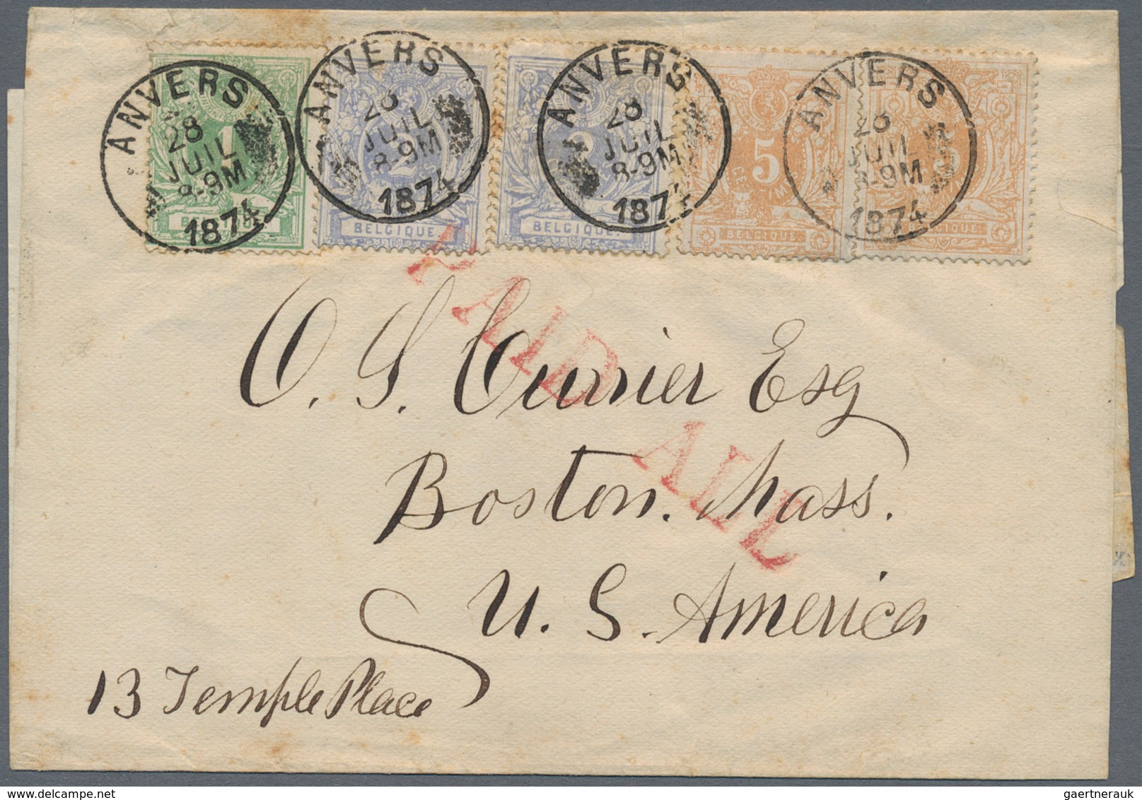 Belgien: 1874, 1 C Green, 2 X 2 C Ultramarine And 2 X 5 C Yellow-brown, Mixed Franking On Wrapper Fr - Andere & Zonder Classificatie