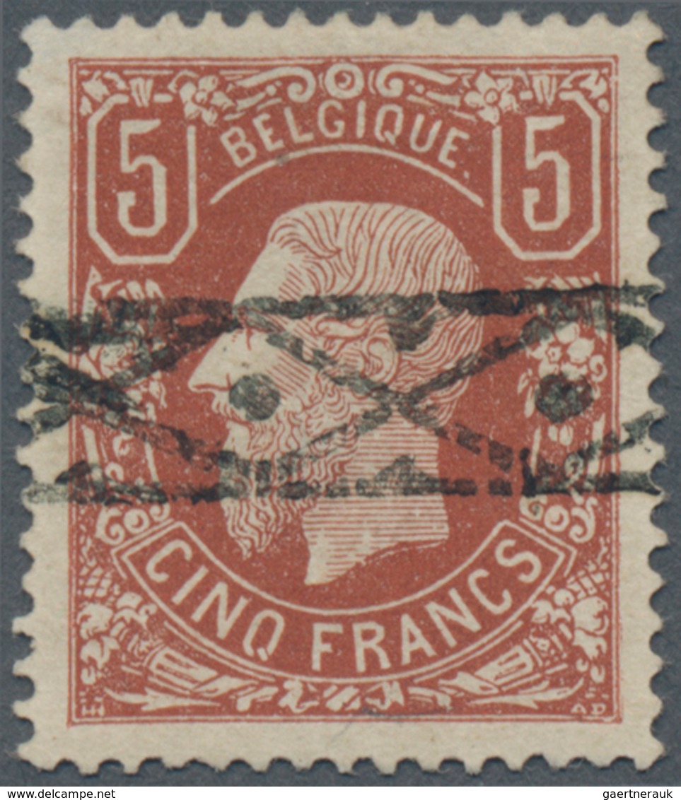 Belgien: 1878, Leopold II. 5fr. Redbrown Fine Used With Roller Cancel But Minor Thinned, Scarce Stam - Andere & Zonder Classificatie