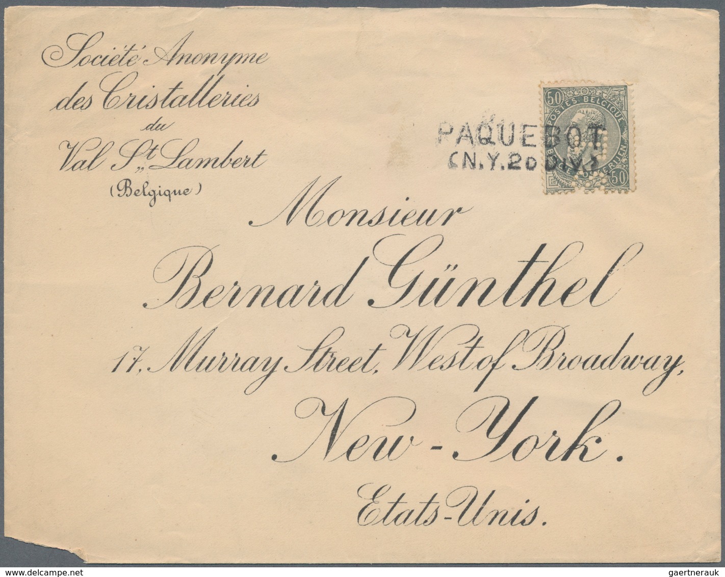 Belgien: 1903, 50 C Grey With PERFIN "TS" Tied By Ship Post Two-liner Cancel "PAQUEBOT" On Letter To - Sonstige & Ohne Zuordnung