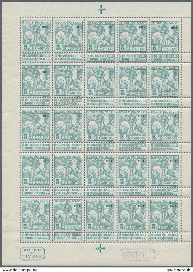 Belgien: 1911, Caritas Issue (type Montald) 5c. Greenish-blue With Opt. ‚1911‘ Complete Sheetlet Wit - Other & Unclassified