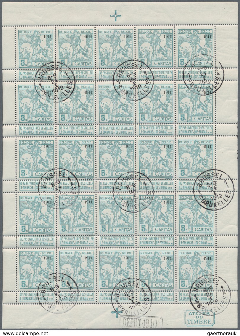 Belgien: 1911, Caritas Issue (type Montald) 5c. Greenish-blue With Opt. ‚1911‘ Complete Sheetlet Wit - Andere & Zonder Classificatie