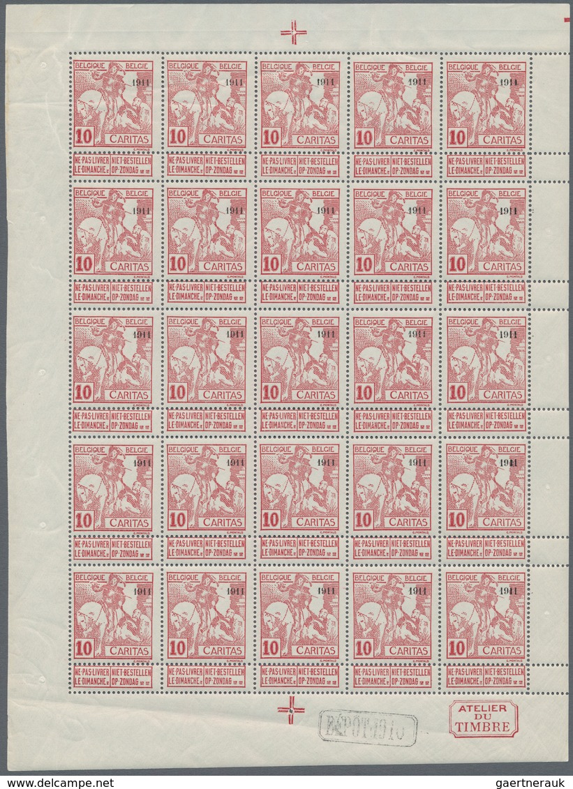 Belgien: 1911, Caritas Issue (type Montald) 10c. Carmine With Opt. ‚1911‘ Complete Sheetlet With 25 - Other & Unclassified