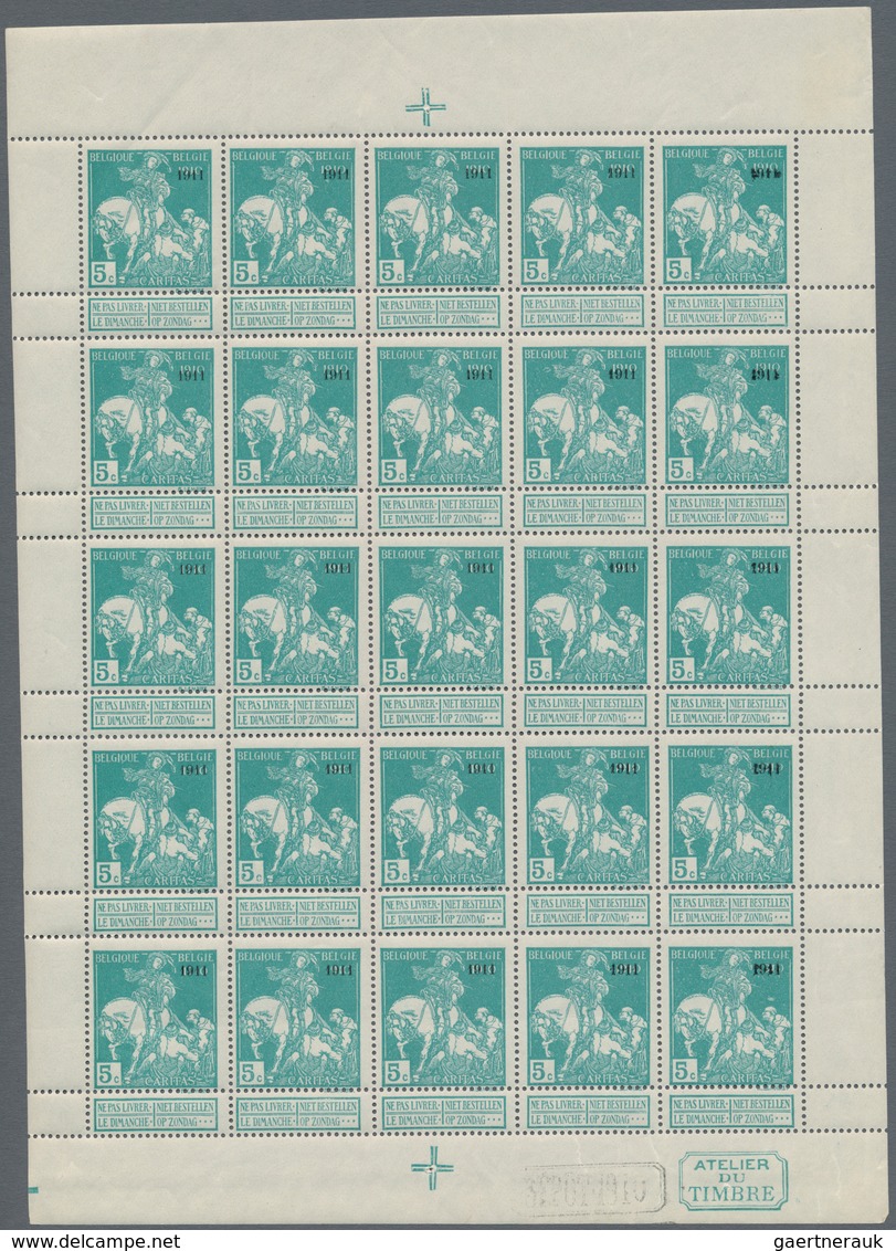 Belgien: 1911, Caritas Issue (type Lemaire) 5c. Greenish-blue With Opt. ‚1911‘ Complete Sheetlet Wit - Other & Unclassified