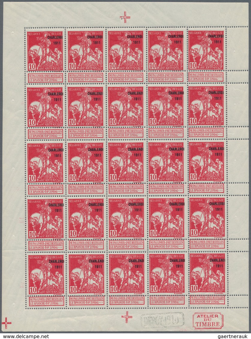 Belgien: 1911, Caritas Issue (type Lemaire) 10c. Carmine With Opt. ‚CHARLEROI 1911‘ Complete Sheetle - Sonstige & Ohne Zuordnung