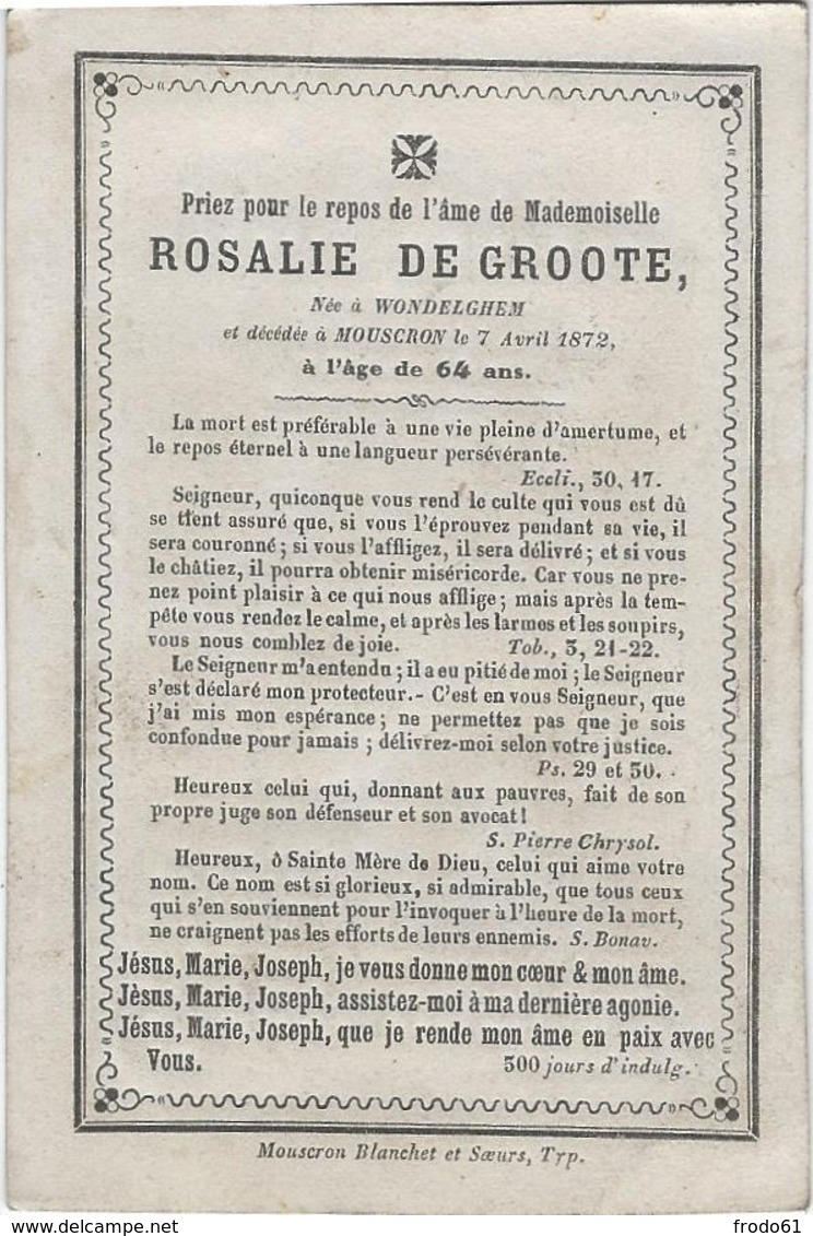 DOODSPRENTJE 1872, ROSALIE DE GROOTE, WONDELGEM 1808 - MOUSCRON 1872 - Devotieprenten