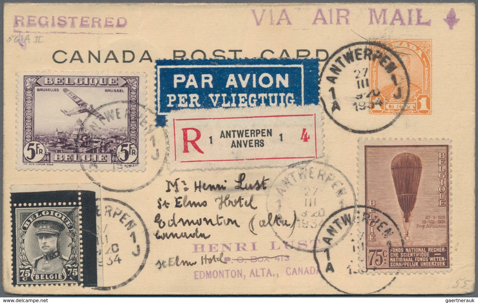 Belgien: 1934, Double Card 1 C. KGV, Uprated Reply Part Sent Registered And Airmail From ANTWERPEN B - Sonstige & Ohne Zuordnung