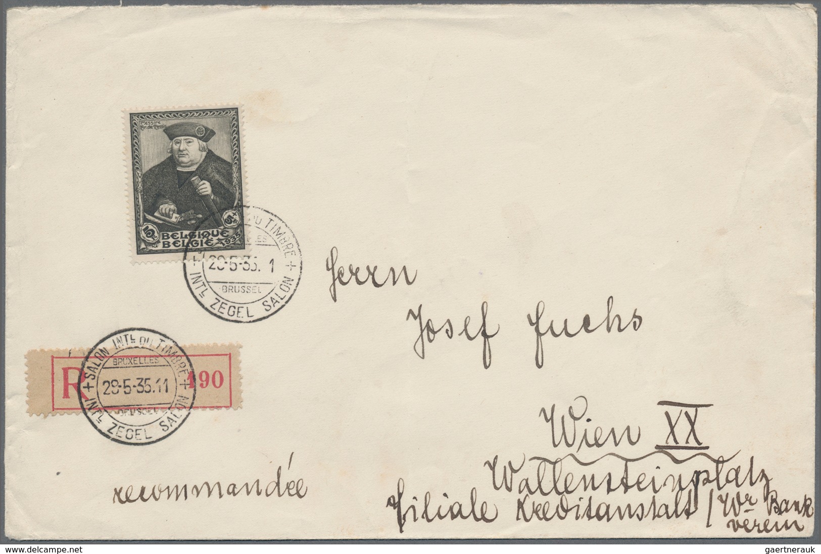 Belgien: 1935, SITEB, 5fr.+5fr. Olive-black, Stamp Ex Souvenir Sheet, Single Franking On Registered - Andere & Zonder Classificatie