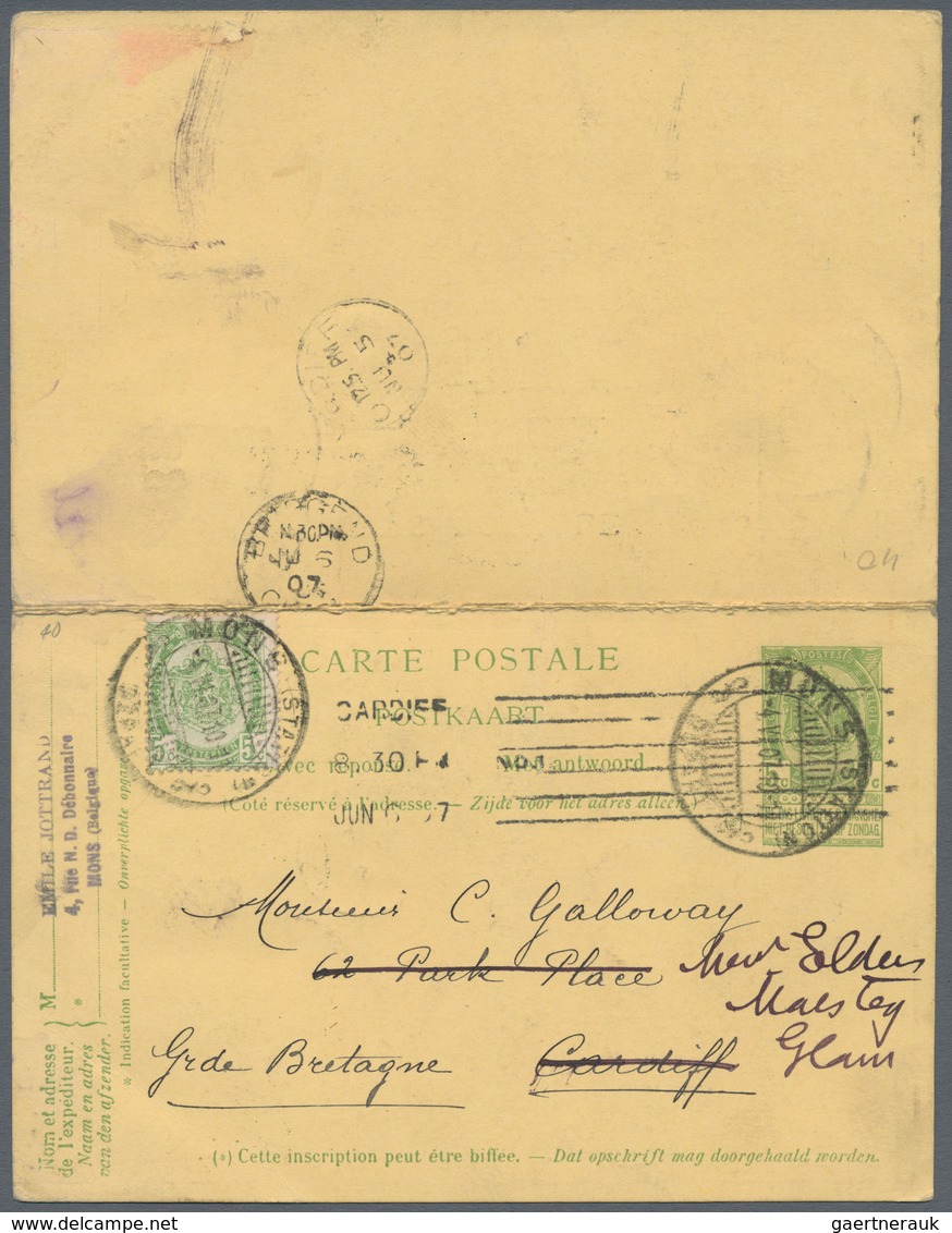 Belgien - Ganzsachen: 1907, 5c Green Double Postal Stationery Card (both Used) From Mons With Handwr - Sonstige & Ohne Zuordnung