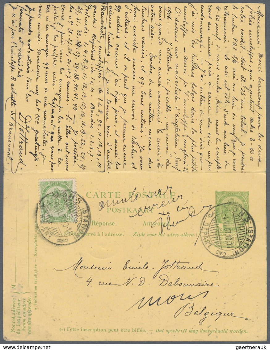 Belgien - Ganzsachen: 1907, 5c Green Double Postal Stationery Card (both Used) From Mons With Handwr - Andere & Zonder Classificatie