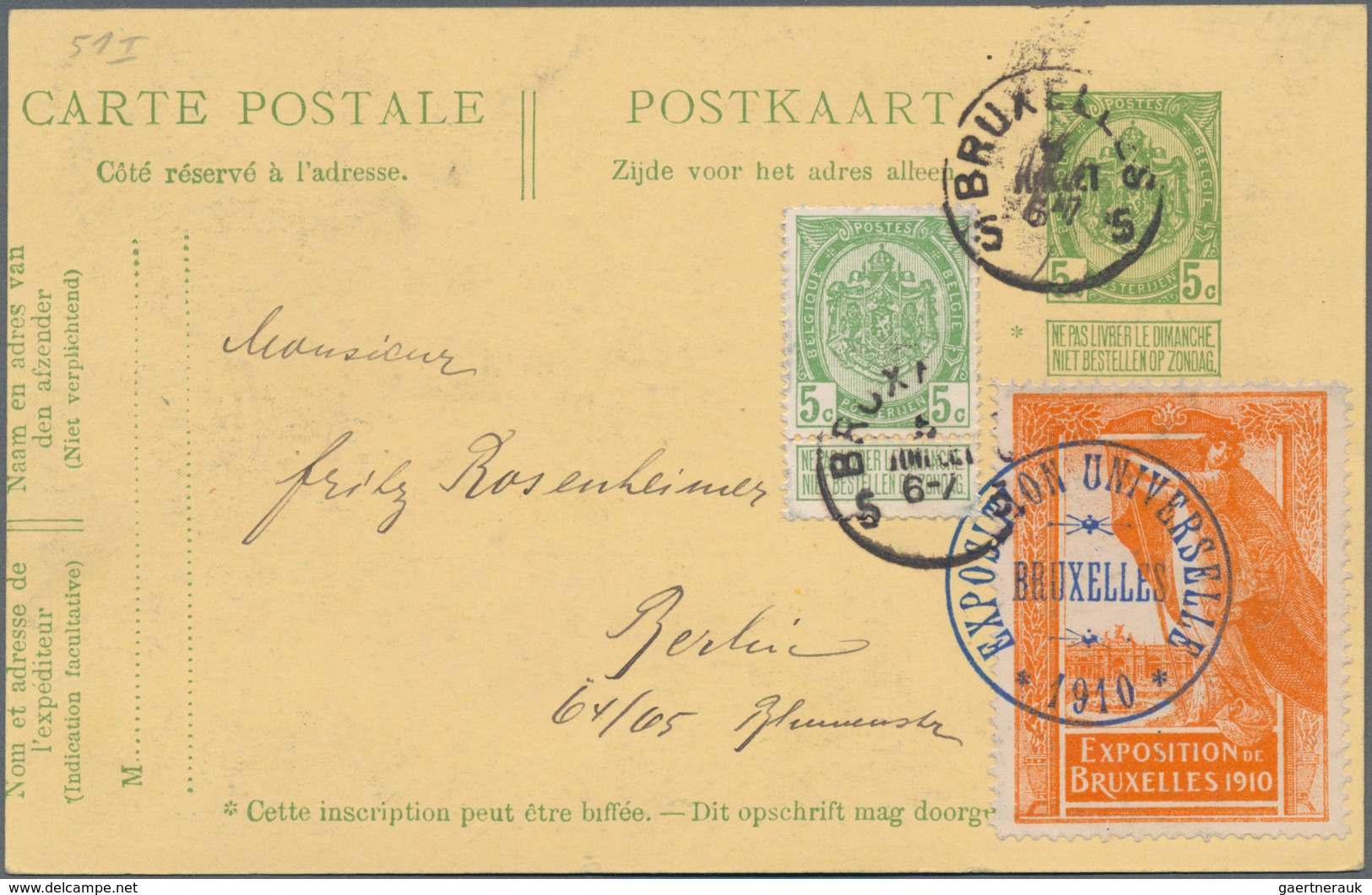 Belgien - Ganzsachen: 1910, 5c Green Postal Stationery Souvenir Postcard Of "Expos. Univers. Bruxell - Sonstige & Ohne Zuordnung